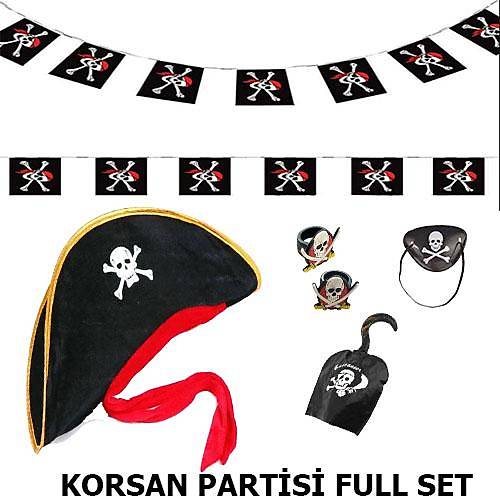 �ocuk Korsan �apkas� + Kancas� + G�z Band� + 2 Adet Y�z�k + Afi� Seti