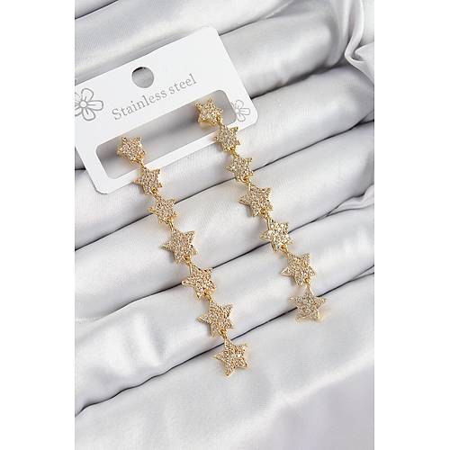 Pirin� Zirkon Ta�l� Sallant�l� Y�ld�z Model Gold Renk Kad�n K�pe