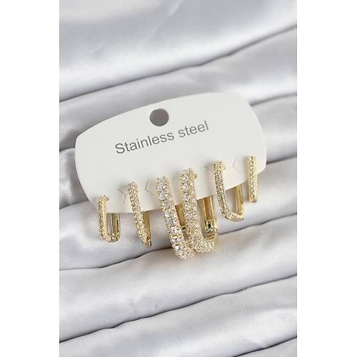 316L �elik Gold Renk 6'l� Set Zirkon Ta�l� Kad�n K�pe