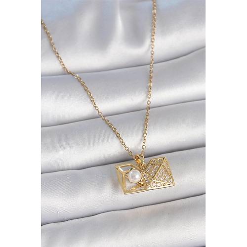 316L �elik Gold Renk Zincir Zirkon Ta�l� A��l�r �ncili Elmas Model Kad�n Kolye