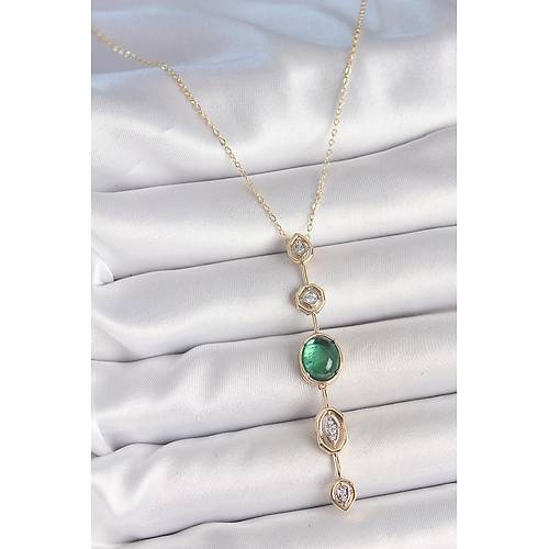 Pirin� Zincir Z�mr�t Ye�il Gold Renk Zirkon Ta�l� Y Kolye