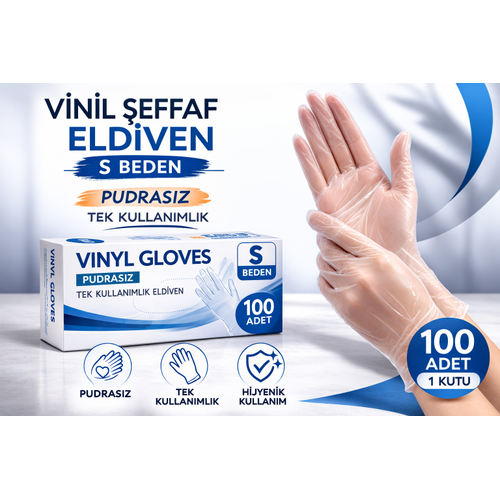 Vinil �effaf Eldiven S Beden 100�l� Kutu Tek Kullan�ml�k �effaf Vinil Muayene Eldiveni Pudras�z