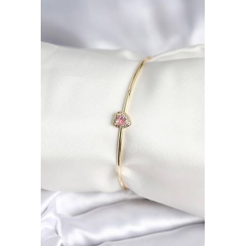 Pembe Zirkon Ta�l� Kalp Model Gold Renk Kad�n Bileklik