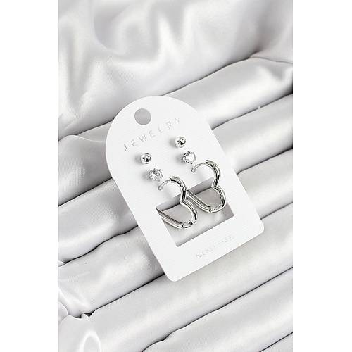 Pirin� Zirkon Ta� Ve Kalp Fig�rl� G�m�� Renk 3'l� �ift Kad�n K�pe Set