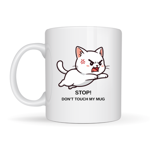 Stop Don�t Touch My Mug Yaz�l� Kedi Tasar�ml� Kupa Model 211 Komik Bask�l� Seramik Kahve Kupas�