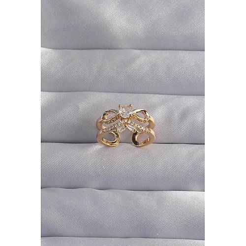 Pirin� Ayarlamal� Gold Renk Zirkon Ta�l� 2li G�r�n�m Fiyonk Y�z�k