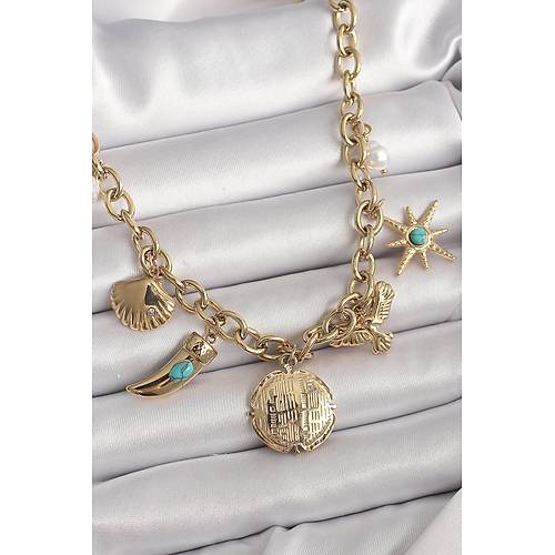 316L �elik Gold Renk Zincir Sallant�l� �oklu Fig�r Model Kad�n Kolye