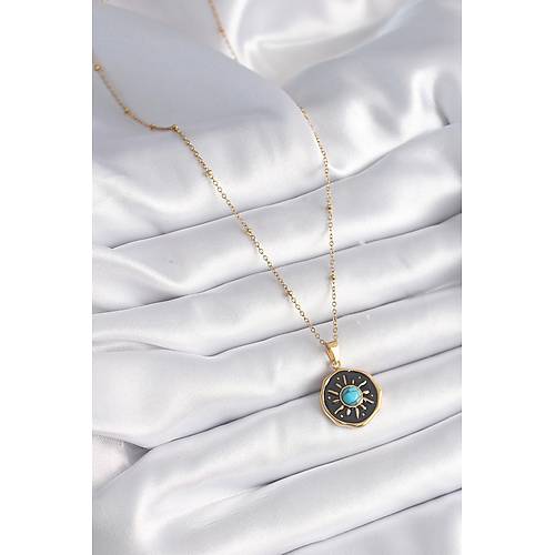 316L �elik Gold Renk Mavi Boncuk G�ne� ��leme Madalyon Model Kad�n Kolye