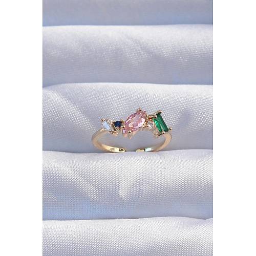 Pirin� Gold Renk Renkli Zirkon Ta�l� Ayarlanabilir Y�z�k