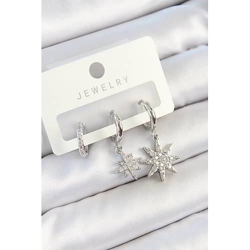 Pirin� Zirkon Ta�l� Kutup Y�ld�z� Model G�m�� Renk 3'l� �ift Kad�n K�pe Set