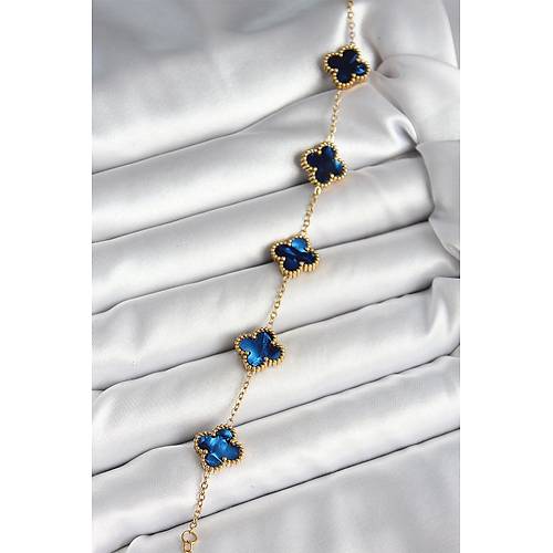 316L �elik Sedefli Lacivert Gold Renk Yonca Kad�n Bileklik