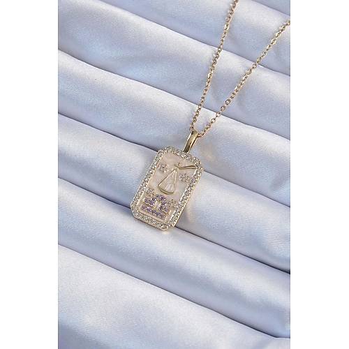 316L �elik Zincir Alt�n Renk Lila Zirkon Ta�l� Tarot Kolye