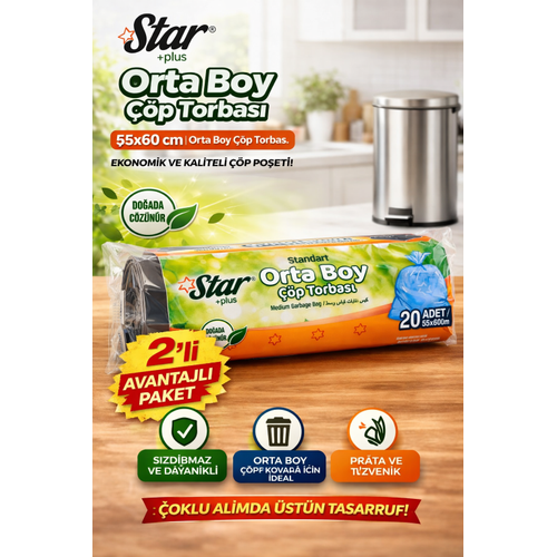 Star Plus Orta Boy ��p Torbas� 20'li 2 Paket 55x60 cm Dayan�kl� S�zd�rmaz Orta Boy ��p Po�eti