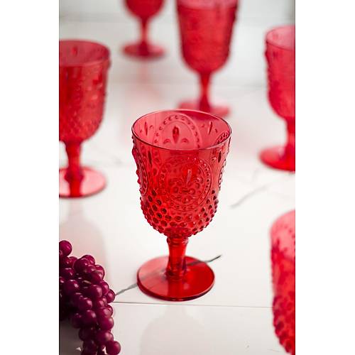 Akrilik K�rm�z� 6'l� Kadeh & Su Me�rubat Kahve Yan� Barda�� 450 ml ( Cam De�ildir )