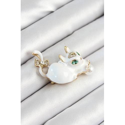 Zirkon Ta�l� �nci Detayl� Beyaz 3D Kedi Fig�rl� Gold Renk Kad�n Bro�
