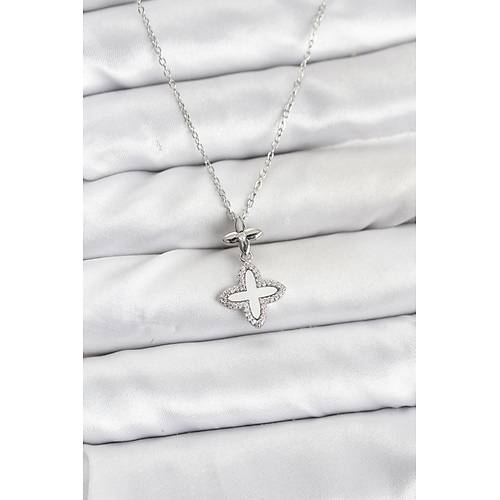 316L �elik Zincir G�m�� Renk 4 Yaprakl� Yonca Model Zirkon Ta�l� Kad�n Kolye