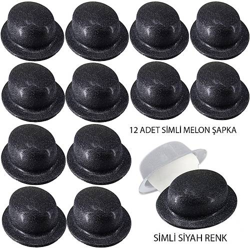 Siyah Renk Simli Melon Yuvarlak Parti �apkas� 12 Adet