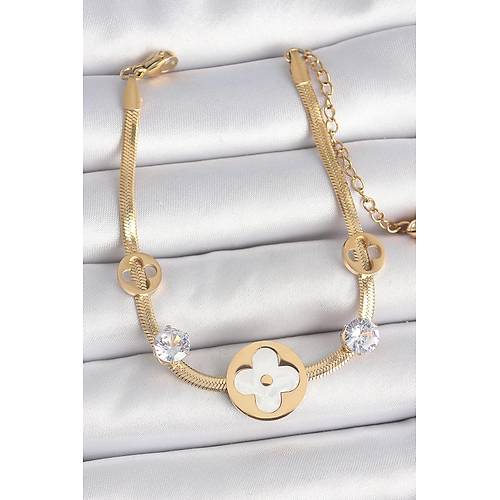 316L �elik Gold Renk �talyan Zincir Beyaz Mineli Yonca Model Zirkon Ta� Detayl� Kad�n Bileklik