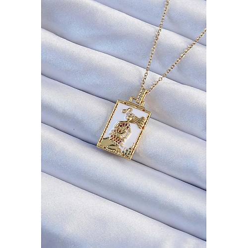 316L �elik Zincir Alt�n Renk Beyaz Mineli Tarot Kolye
