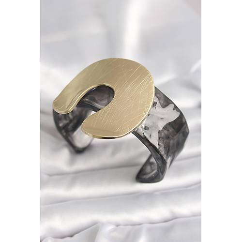 Siyah Mermer Desen Akrilik Plastik Gold Nal Model Plaka Vintage Kad�n Bilezik