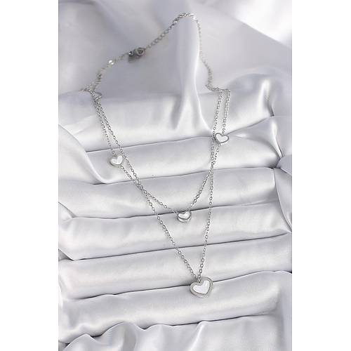 316L �elik G�m�� Renk Zincir 2'Li Zincir Kalp Model Kad�n Kolye