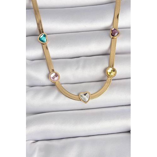 316L �elik Gold Renk �talyan Zincir Renkli Zirkon Ta�l� Kalp Fig�r Kad�n Kolye