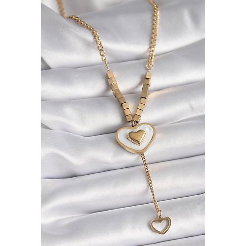 316L �elik Gold Renk Beyaz Sedefli Kalp Model Sallant� Detay Kad�n Kolye