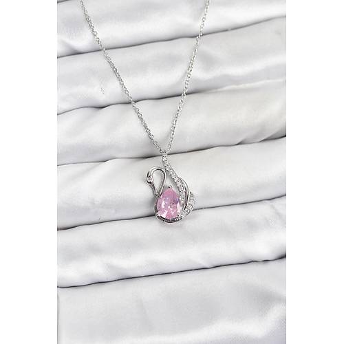 316L �elik Zincir G�m�� Renk Pembe Ku�u Model Zirkon Ta�l� Kad�n Kolye