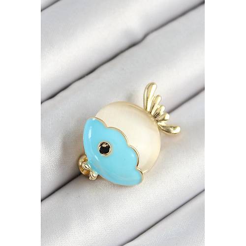 Mineli Turkuaz Ve Krem Bal�k Fig�rl� Gold Renk Kad�n Bro�