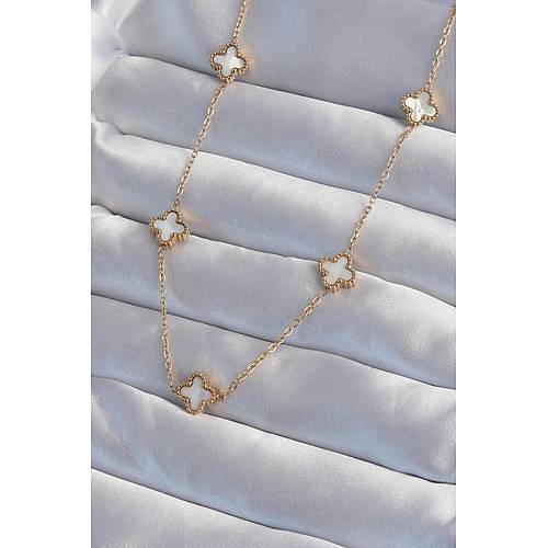 316L �elik Gold Renk Minimal Beyaz Sedefli Yonca Kolye