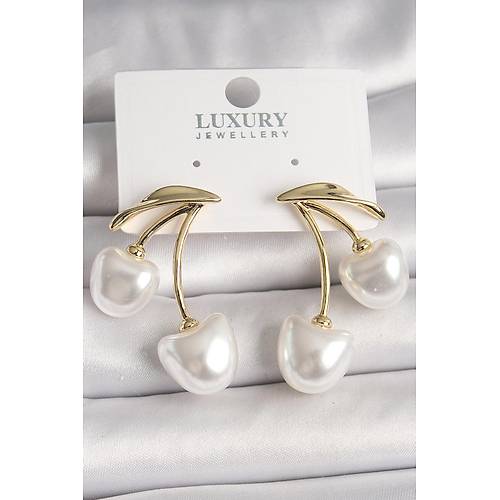 Pirin� Gold Renk Beyaz �nci Kiraz Model Kad�n K�pe