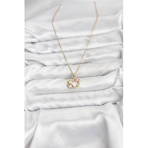 316L �elik Zincir Gold Renk Pembe Ta� Detayl� �elenk Model Kad�n Kolye