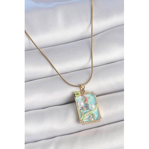 316L �elik Gold Renk Zincir Mavi Mineli �ncili �i�ek ��lemeli Portre Model Kad�n Kolye