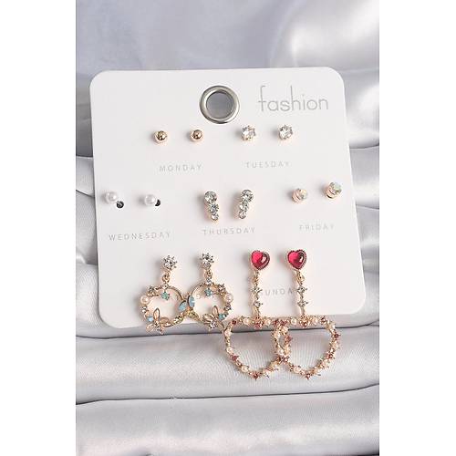 Pirin� Gold Renk Zirkon Ta�l� Sallant� Kalp Fig�r 7 �ift Kad�n K�pe Seti