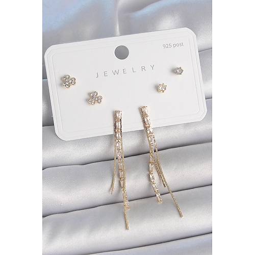 Pirin� Gold Renk Su Yolu Zirkon Ta�l� Sallant� Model �i�ek Detay 925 Ayar G�m�� �ivi Kad�n K�pe Seti