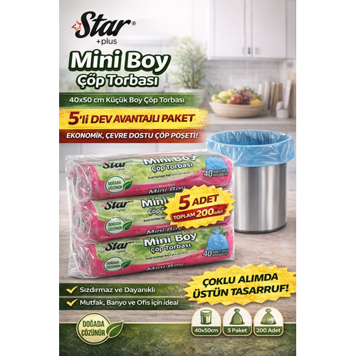 Star Plus Mini Boy ��p Torbas� 40'l� 5 Paket 40x50 cm Dayan�kl� S�zd�rmaz K���k Boy ��p Po�eti