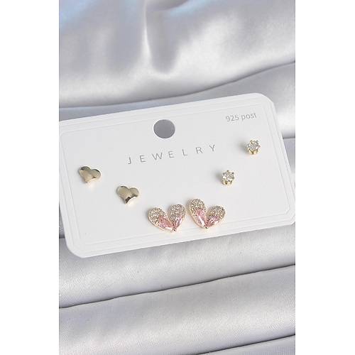 Pirin� Gold Renk Pembe Zirkon Ta�l� Kalp Model 925 Ayar G�m�� �ivi Kad�n K�pe Seti