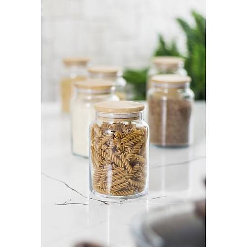 6 L� Set Bambu Kapakl� Cam Kavanoz & Erzak Saklama Kab� 800 ml Orta Boy ( Vakum Kapak )