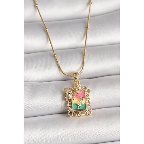 316L �elik Gold Renk Renkli Zirkon Ta�l� Kelebek ��lemeli Portre Model Kad�n Kolye