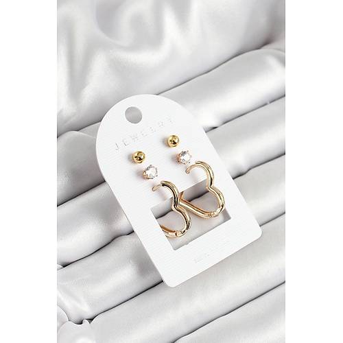 Pirin� Zirkon Ta� Ve Kalp Fig�rl� Gold Renk 3'l� �ift Kad�n K�pe Set