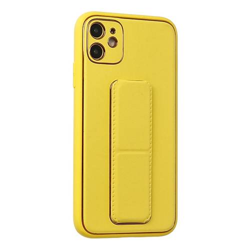 iPhone 12 K�l�f Coco Deri Standl� Kapak - Sar�