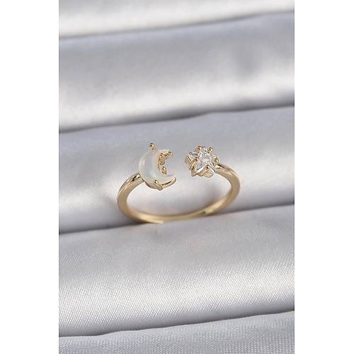 Pirin� Gold Renk �ncili Hilal Zirkon Ta�l� Y�ld�z Ayarlanabilir Model Kad�n Y�z�k