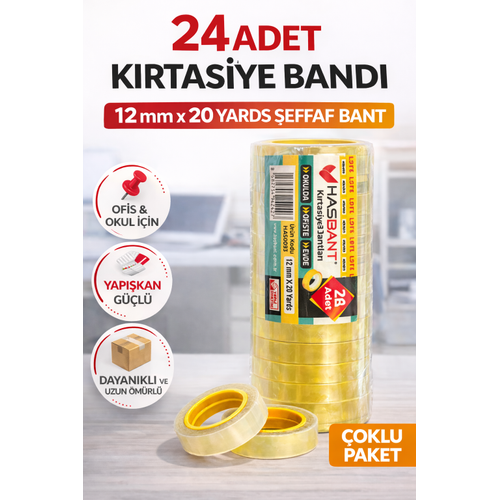 24 Adet K�rtasiye Band� 12 mm x 20 Yards �effaf Bant G��l� Yap��kan Ofis Okul Ev Kullan�m� Bant Seti