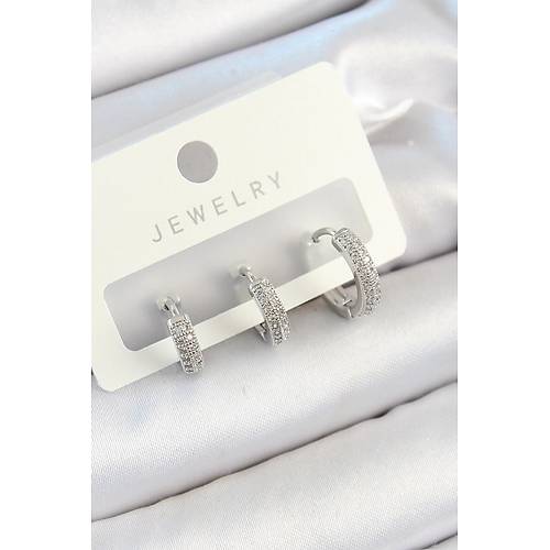 Pirin� Zirkon Ta�l� Halka Model G�m�� Renk 3'l� �ift Kad�n K�pe Set