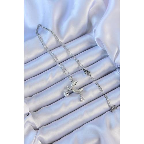 316L �elik Zincir G�m�� Renk Zirkon Ta�l� Kelebekli Mineli Ay Kolye