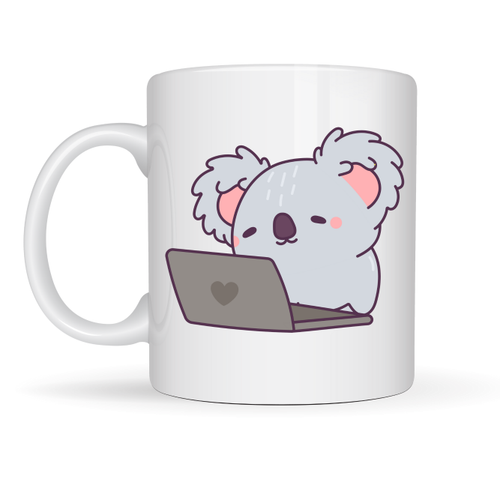 Laptoplu Koala Desenli Porselen Kupa MODEL 111 � Sevimli Ofis Kupas� , �al��anlara �zel Tatl� Hediye