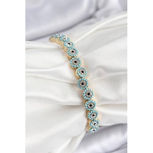 Pirin� Zirkon Ta�l� Turkuaz Nazar Model Gold Renk Lastikli Kad�n Bileklik