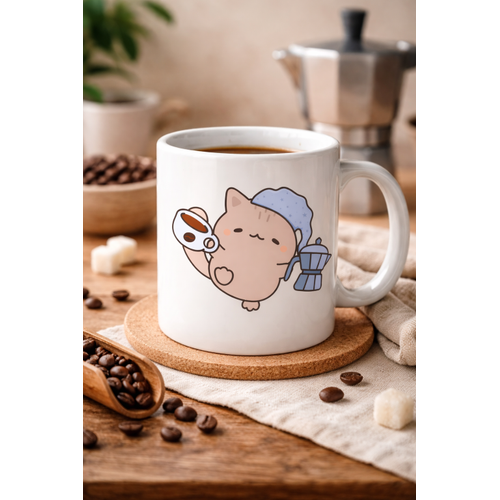 Sevimli Kahve Kedisi Tasar�ml� Porselen Kupa MODEL 199 � Kahve Severlere �zel E�lenceli Kedi Bask�l� Kahve Kupas� � Ofis ve Ev ��in Hediye Kupa