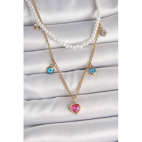 316L �elik Gold Renk 2'Li �nci Zincir Model Pembe Ta�l� Kalp Fig�r Nazar Boncuk Detay Kad�n Kolye