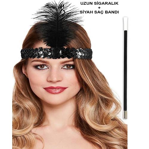 1920'ler Gatsby Aksesuar Seti � Siyah Charleston Sa� Band� & Sigaral�k